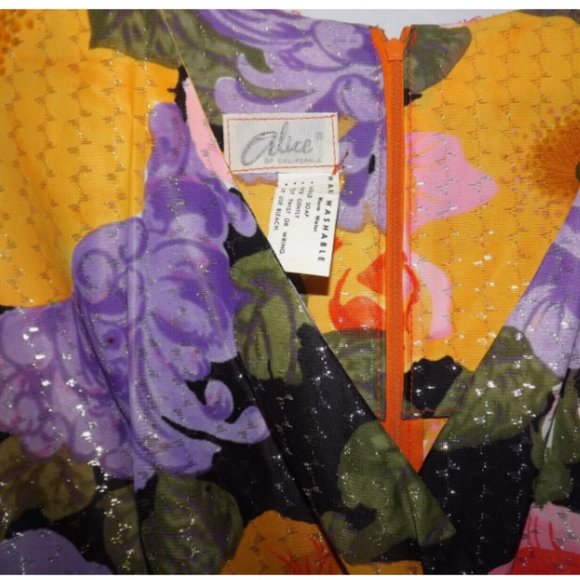 VINTAGE Alice of California Bright Floral Wrap Maxi Dress Gown Metallic Gold - Picture 3 of 7